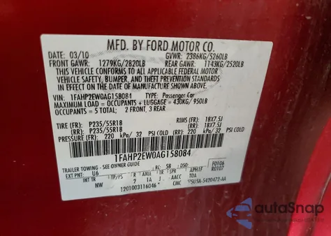 2010 Ford Taurus Sel from USA, damaged, VIN 1FAHP2EW0AG158084